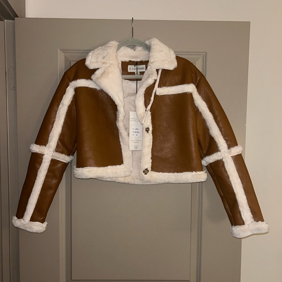 Cropped faux brown leather jacket with fur - Picture 1 of 3